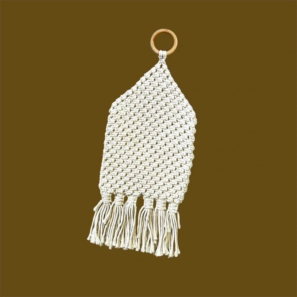 NWOT Boho Macrame Hanging Plant Holder with Wooden Ring & Fringe Tan/Cream